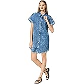 Lunaaevi Denim Dress for Women Button Down Short Sleeves Casual Jean Shirt Dresses with Pockets Frayed Hem