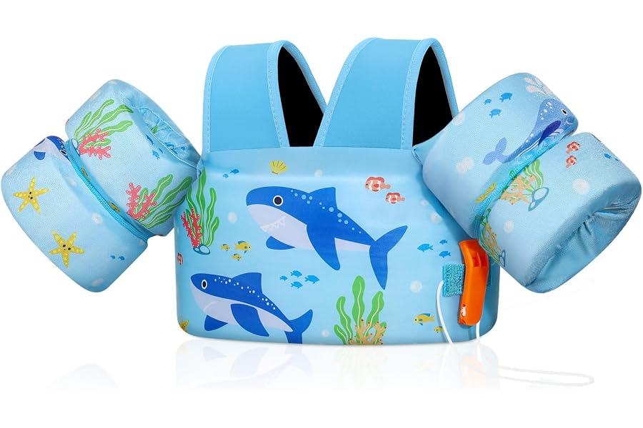 MoKo Toddler Swim Vest for Kids, Swim Arm Floaties 22-66 lbs Boys and Girls Cartoon Swimming Water Wings Pool Float Vests Sleeves Shoulder Straps Arm Band for Children Learn to Swim, Blue Shark