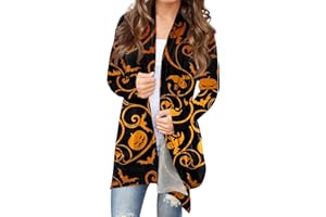MKLUNJOP Halloween Cardigan For Women Fashion Casual Scary Pumpkin Head Bat Print Mid-Length Cardigan Coats