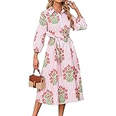 Womens Spring 2026 Casual Floral 3/4 Puff Sleeve Midi Shirt Dresses Button Down Belted Dress with Pockets