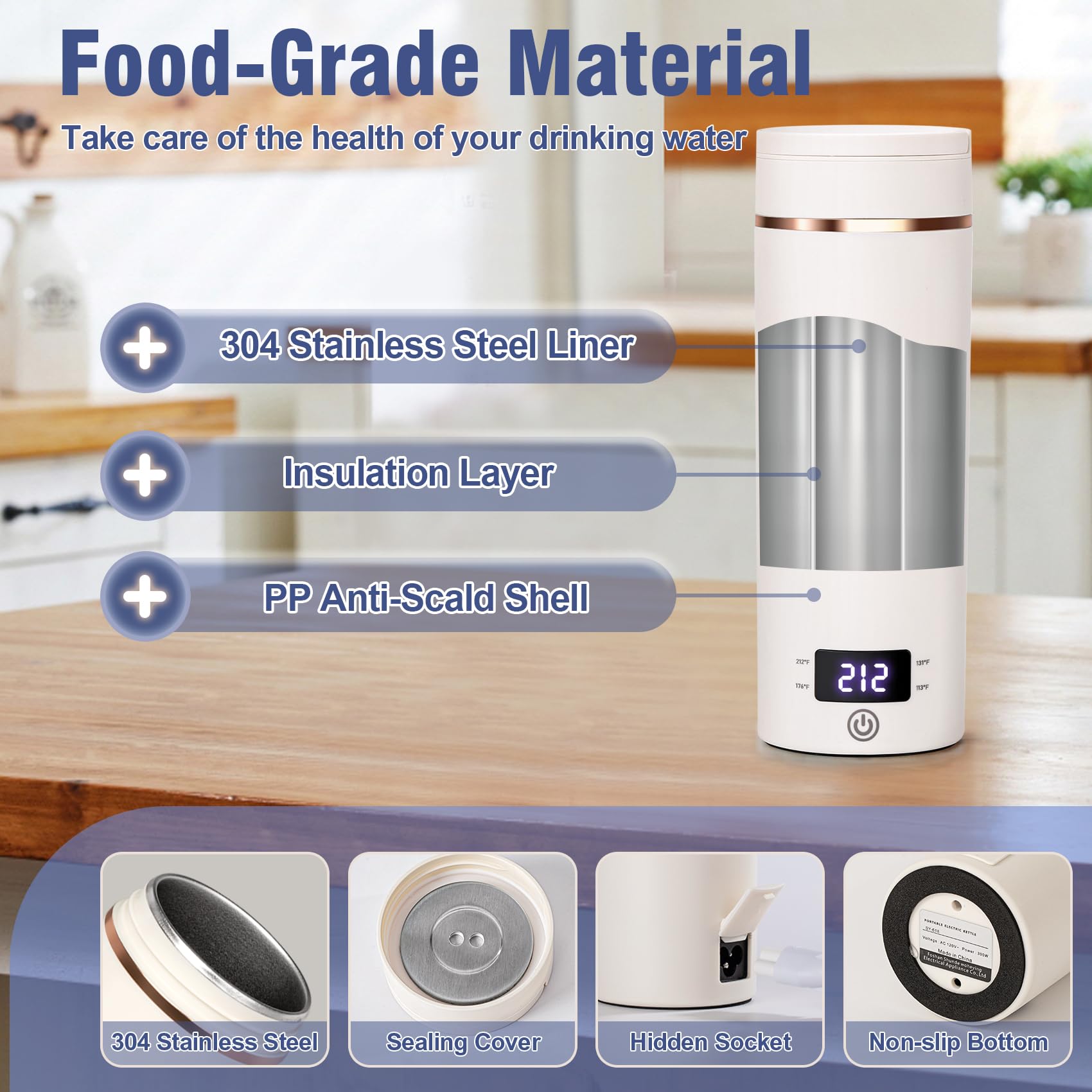 Travel Electric Kettle Portable Mini Kettle,Small Hot Water Boiler with 4 Temperature Settings,304 Stainless Steel,Fast Boiling Water with Auto Shut-Off and Boil Dry Protection (Beige, 400ML) - Image 6