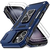 DEERLAMN Case for iPhone 16 with Slide Camera Cover+Screen Protector (2 Packs), Rotated Ring Kickstand Military Grade Shockproof Protective Cover-Navy Blue