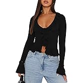 ABYOVRT Women Going Out Tops Ruffle Trim Button Front V Neck Flared Sleeve Shirt Y2k Crop Top