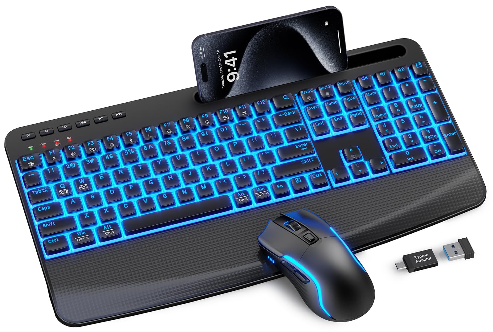 Photo 1 of **DAMAGED** SABLUTE Wireless Keyboard and Mouse Combo, Rechargeable 4000mAh Light up Quiet Keyboard with Wrist Rest & Phone Holder, Ergonomic Silent Typing for PC/Mac/Laptop/Windows/Chrome OS