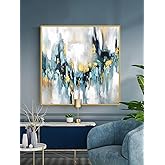 Large Blue and Gold Abstract Wall Art for Office. Hand-Painted Abstract Oil Painting for Living Room. Framed Blue Wall Painti