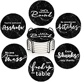 Bribay Coasters for Drinks Set of 6, Black Marble with Funny Quotes Sayings Absorbent Round Ceramic Stone Mat, with Cork Base and Metal Holder, Gift for Housewarming Room Bar Decor