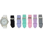 XOXO Women’s Silver-Tone Analog Watch with Crystal-Accent Bezel – 7 Interchangeable Silicone Bands – Stylish Quartz Timepiece with Adjustable Fit – Gift-Ready Box