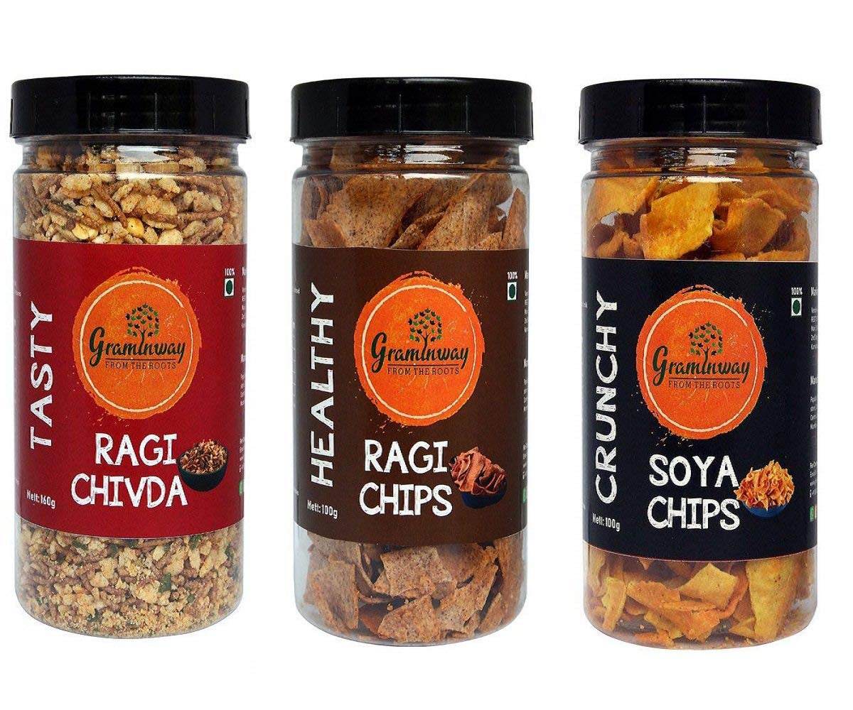 Graminway Snacks Combo Pack - Tasty Ragi Chivda (160 gm) + Healthy Ragi Chips (100 gm) + Crunchy SOYA Chips (100 gm)