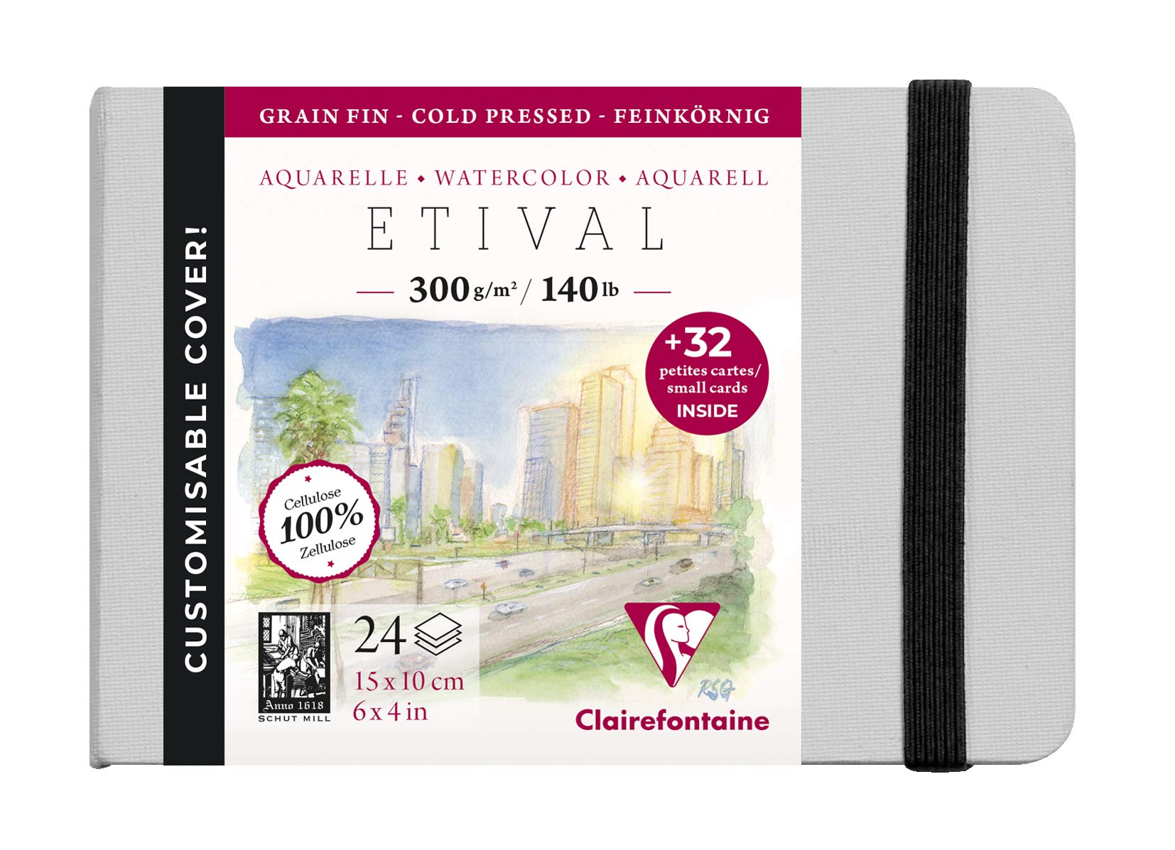 Clairefontaine - Ref 975444C - Etival Cold Pressed Sewn Watercolour Painting & Drawing Book (24 Sheets of Paper) - 10 x 15cm - 300gsm Cellulose Art Paper, Black