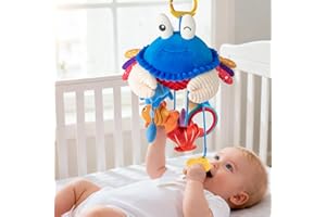 Car Seat Toy for Baby Toys 6-12 Months, Stroller Toys for Newborn 3 Month Old, Hanging Stuffed Animal Crab，Mirror Teething To