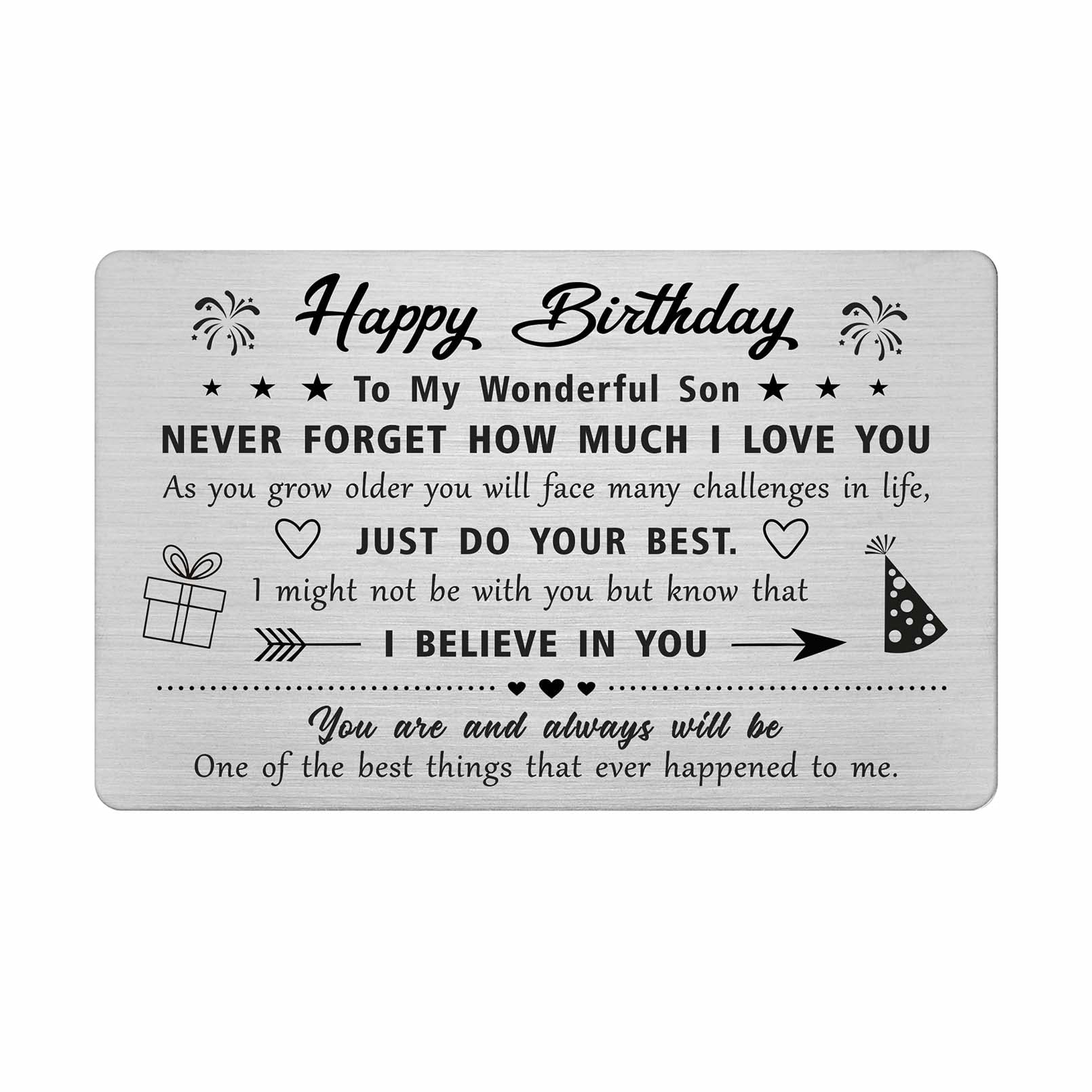 FALOGI Son Birthday Card - Happy Birthday Card for Son - Son Birthday Gifts Ideas, Metal Engraved Wallet Card