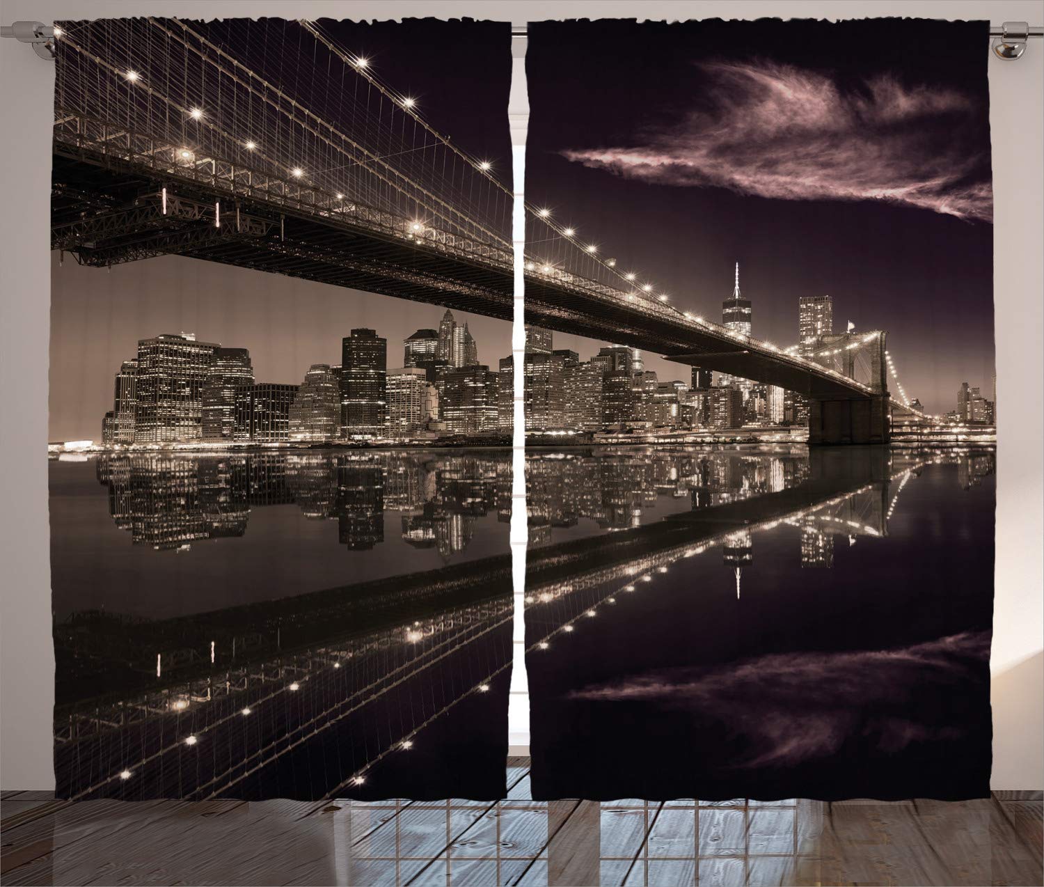 ABAKUHAUS Landscape Curtains, Brooklyn Bridge Sunset NYC View Skyline Tourist Attraction Modern City, Living Room Bedroom Window Drapes 2 Panel Set, 280 x 245 cm, Dried rose — image 1