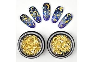 MEILINDS Gold Nail Studs Gems Sparkle Rhinestones Metal Rivets Charms Hollow Moon Star Shaped Artificial Pearls DIY 3D Nail Art Decoration(2 Boxes)