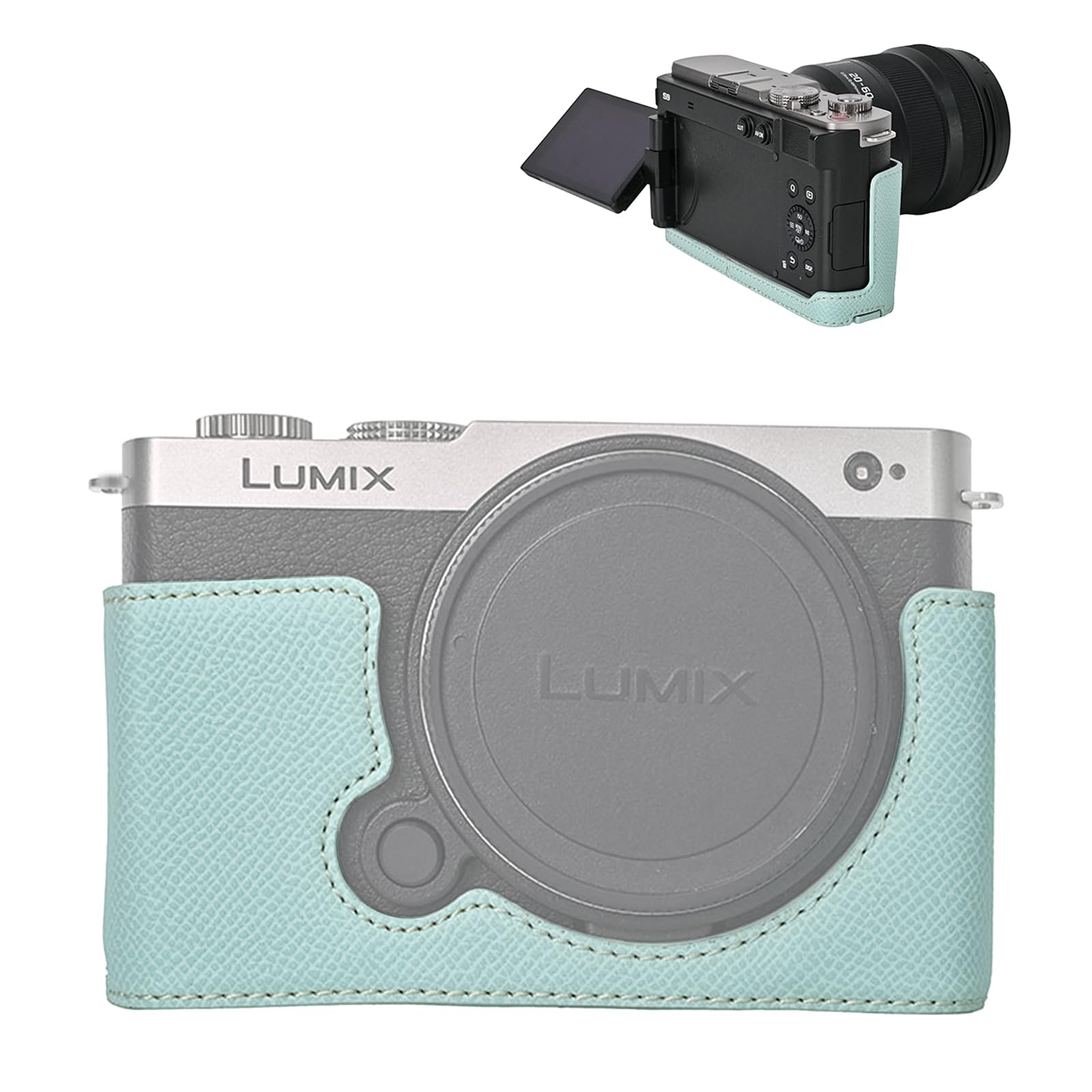 VOVMOEYA Protective Camera Case for Panasonic LUMIX S9,LUMIX DC-S9 Half Case with Soft Microfiber Inner LUMIX S9 Mirrorless Camera Cover Function Well 1/4"-20 Thread Hole Retro PU Texture-Light Blue