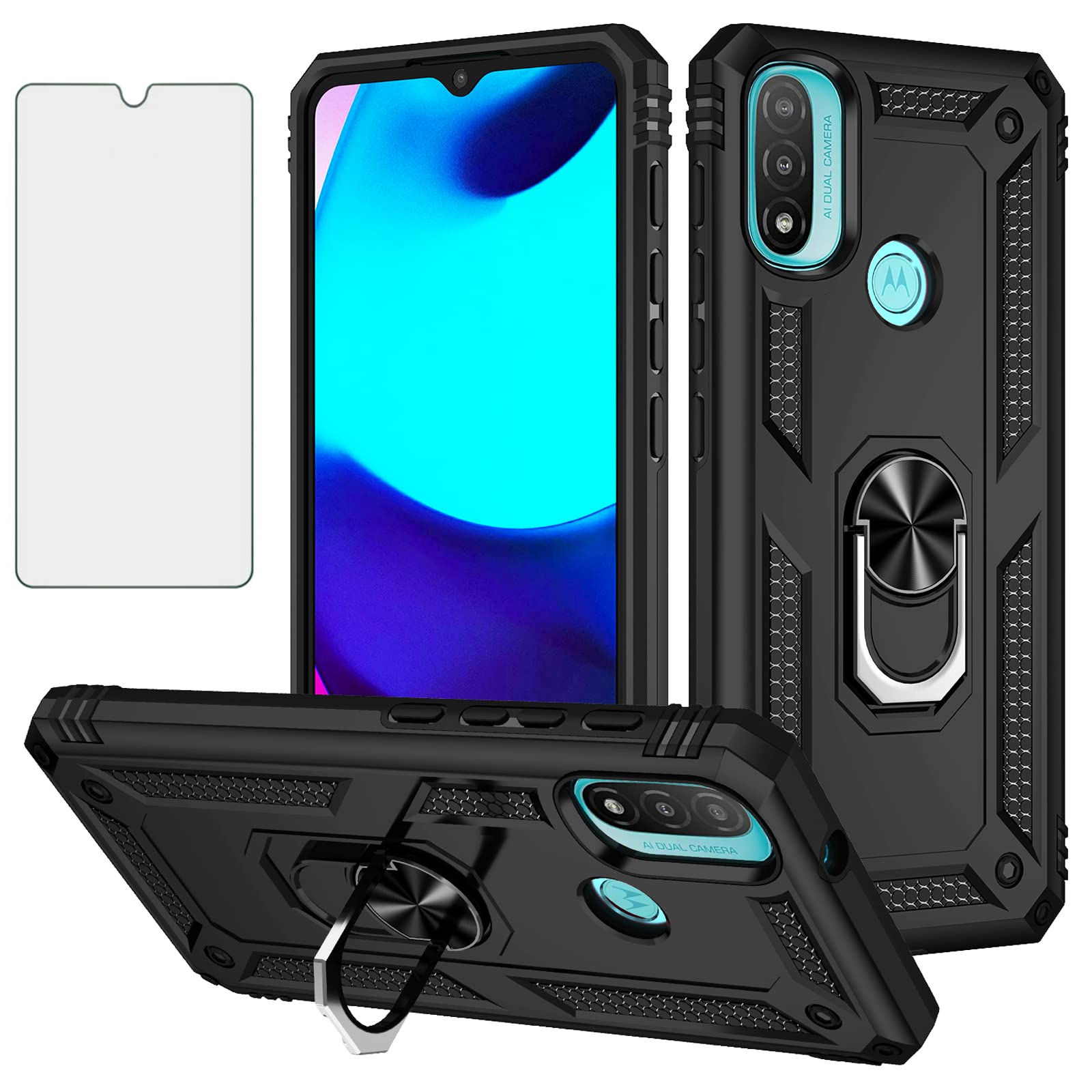 Asuwish Compatible with Moto E20/E30/E40 Case with Tempered Glass Screen Protector and Stand Ring Holder Kickstand Magnetic Cell Accessories Heavy Duty Phone Cover for XT2155 2021 Women Men Black