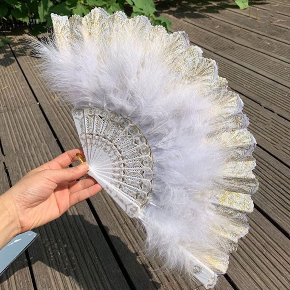 Duories Feather Hand Fan Folding Fan Vintage Spanish Victorian Women's Fan Dance Hand Fan for Wedding Gift Summer Party Fancy Dress Costume White