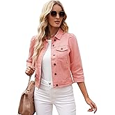 Vetinee Womens Jean Jacket Cropped Denim Jackets Stretchy 3/4 Puff Sleeve Distressed Shacket with Pockets
