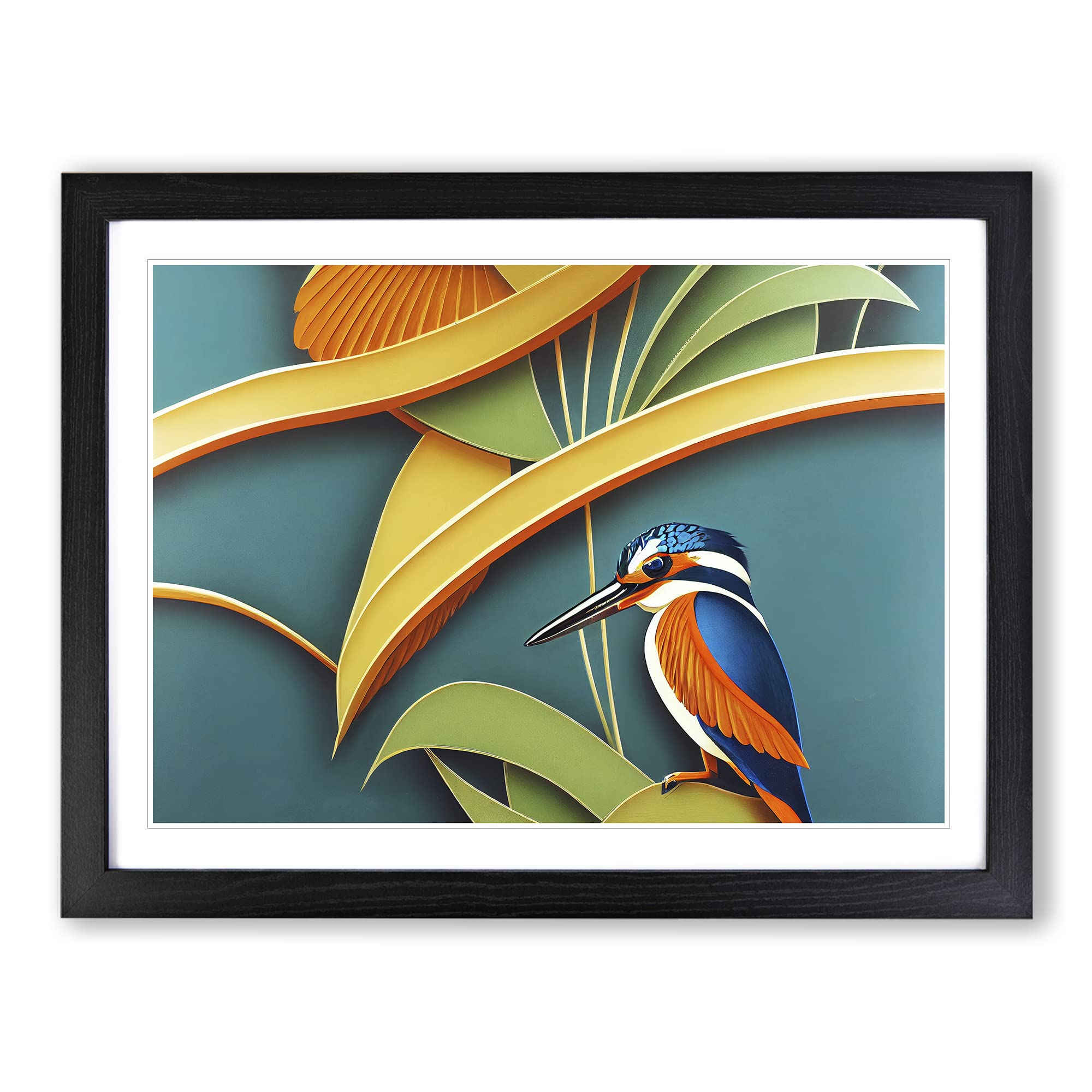 Kingfisher Art Deco Style Framed Print | A4 Black Framed Wall Art | Ready to Hang | Art Deco Nature Picture | Living Room Bedroom Lounge Office