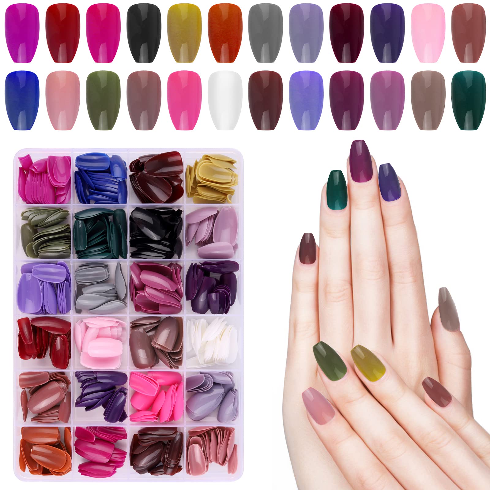 576 PCS Medium Coffin False Nails, EBANKU 24 Colors Acrylic Artificial Glossy Press on Nails Full Cover Short Ballerina False Nail Tips for Women Girls Nail Decorations