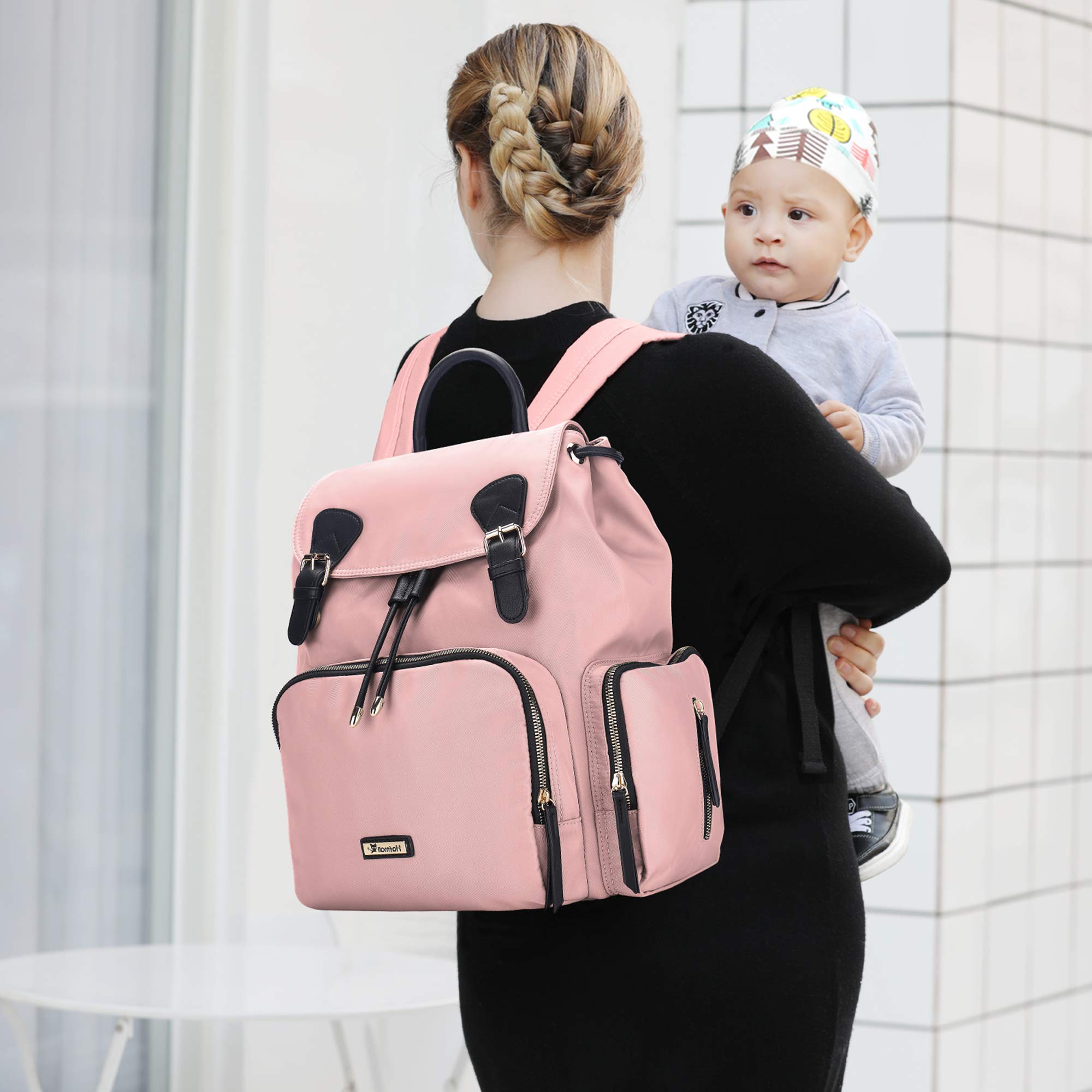 Hafmall Diaper Bag Backpack for Mom, Multifunctional Baby Bag with Stroller Hooks, Stylish Diaper Bag for Baby Girls, Pink Backpack Diaper Bag