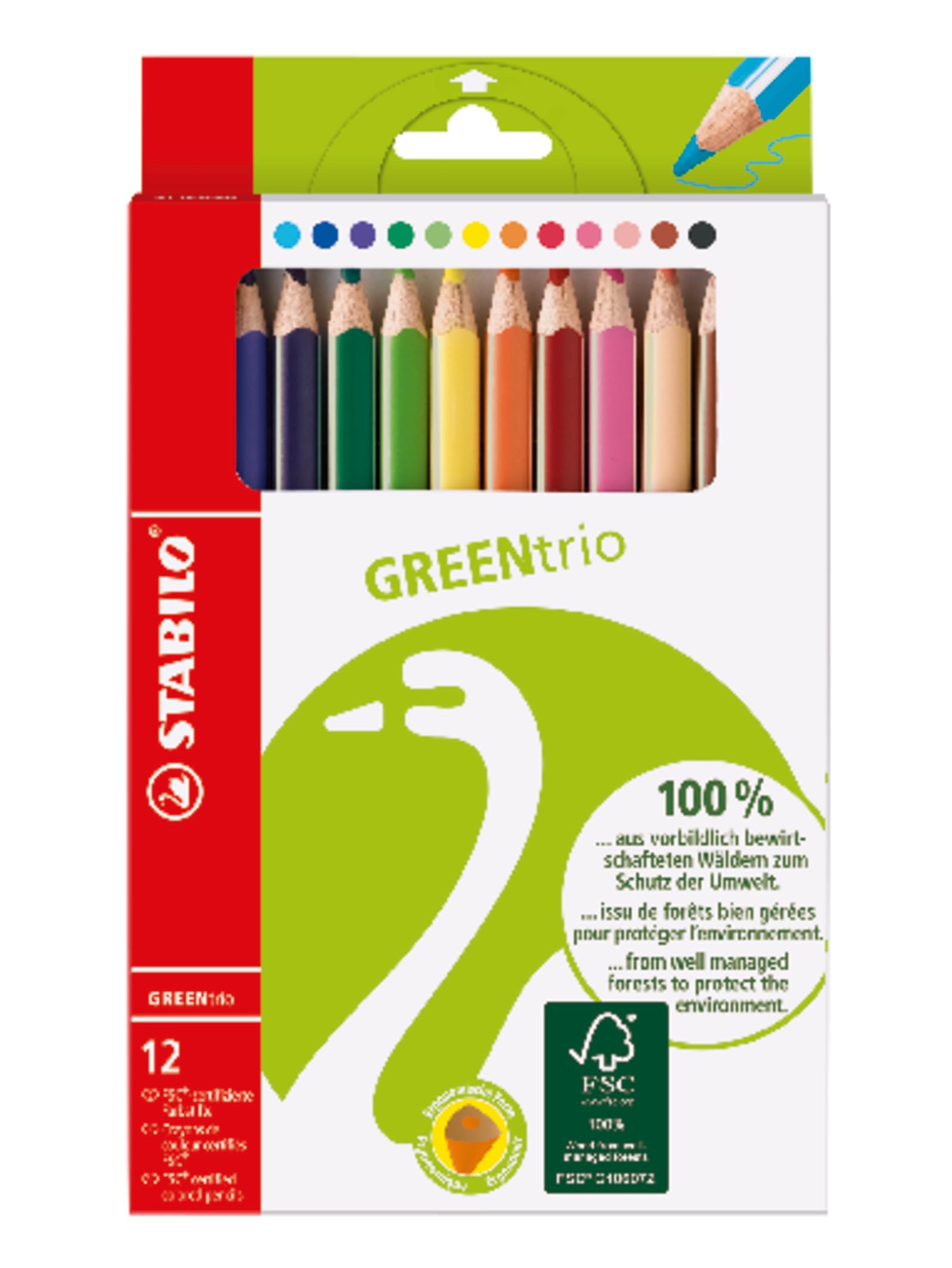 STABILO GREENtrio Thick - FSC Certified Colouring Pencil - Pack of 12 - Assorted Colours