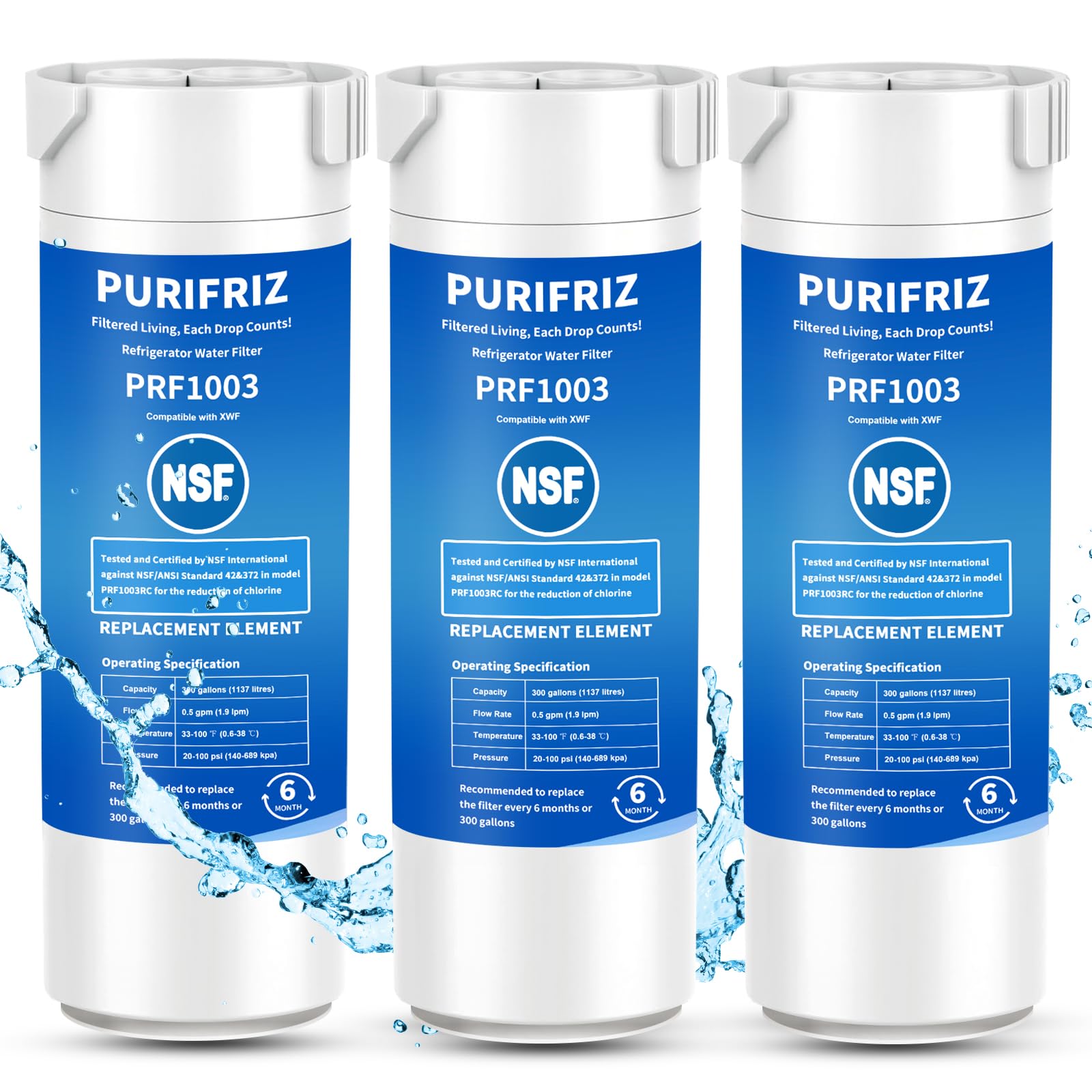 Photo 1 of PURIFRIZ 3 Pack XWF (Not XWFE, NO Chips), Refrigerator Water Filter Compatible with GE XWF, GBE21, GDE21, GDE25, GFE24, NSF/ANSI 42&372 Certified, 6 Month / 300 Gallon