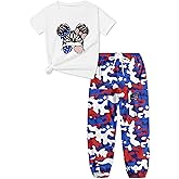 ARTMINE Girls' 2 Piece Outfits Casual Drawstring Jogger Pants and Basic Short Sleeve Top Set, 6-14 Years
