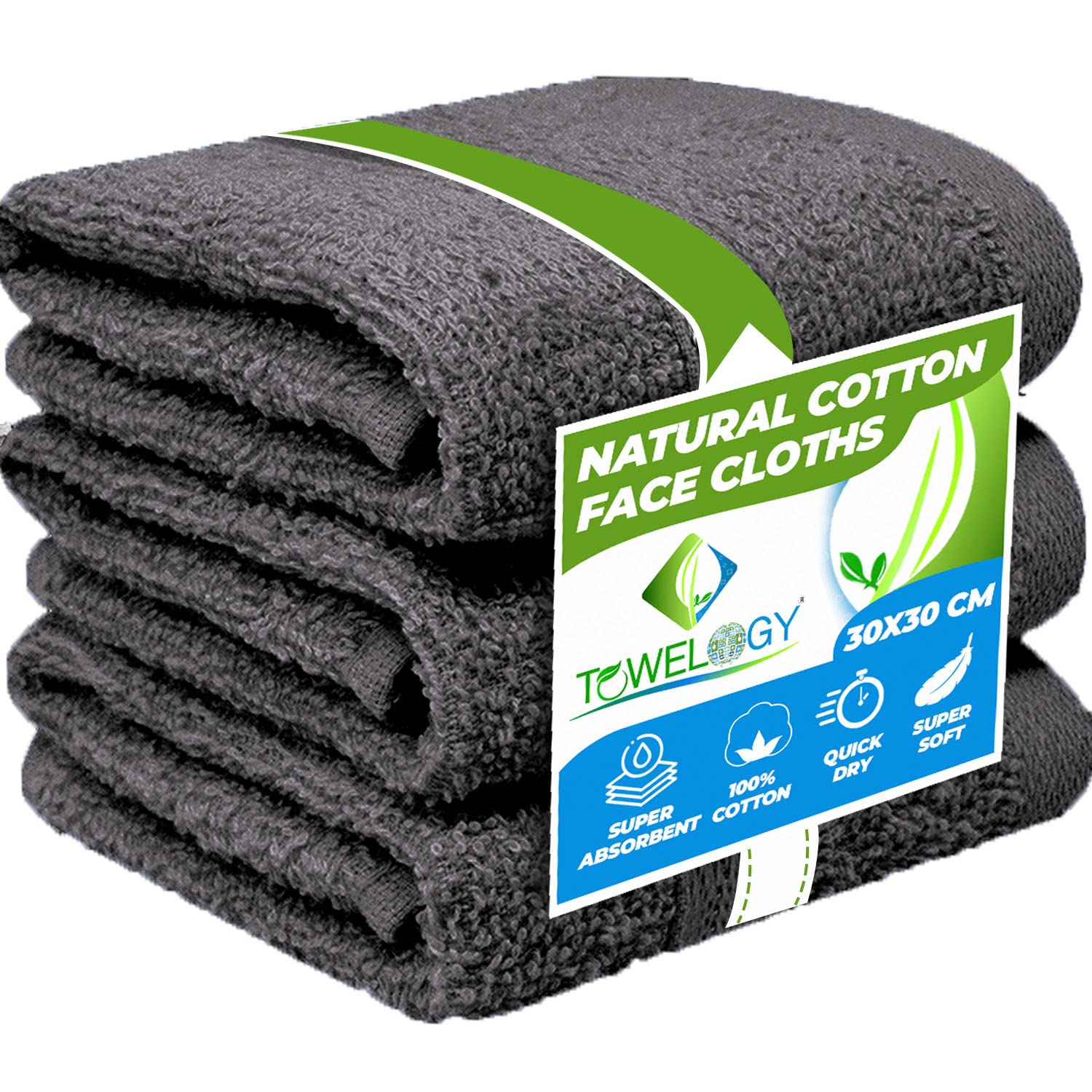 Towelogy® Premium Flannel Face Cloth 3-Pack 100% Egyptian Cotton Ring Spun Super Soft Washcloth 30x30cm for Cleansing Makeup Remover Spa & Gym Face Towels (Charcoal Grey, 3)