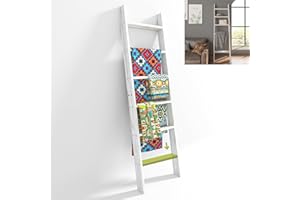 AKTOP Adjustable Blanket Ladder 63 Inch, Rustic Wood Blankets Holder Rack for Farmhouse Home Decor, 5-Tier Wall Leaning Ladders, Ladder Shelf Stand for Living Room, Bedroom, Bathroom, Easy Assembly