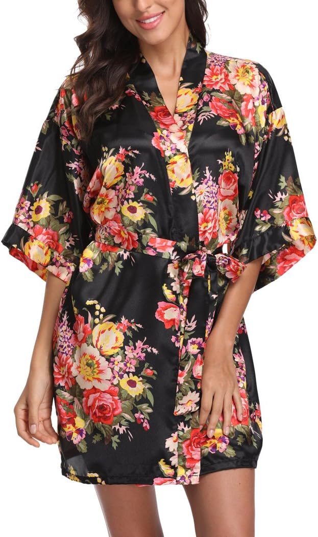 Floral Satin Kimono Robes for Women Short Bridesmaid and Bride Robe for Wedding Party