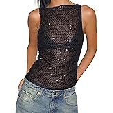 Women’s Sexy Knitted Glitter Crop Tank Top Y2K Sleeveless Crewneck Mesh Shirts Tops Bling Glitter Outfit Top