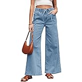 EGOCKAL Women's Wide Leg Jeans Trendy High Waisted Stretchy Jeans with Drawstring Elastic Waist Denim Pants