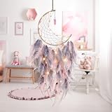 Dremisland Moon Dream Catcher with Fairy Lights Pink Grey Feather Decor view 7