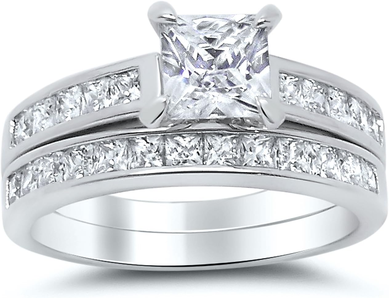 Sterling Silver Princess Cut Bridal Set Engagement Wedding Ring Set (Size 5)