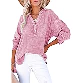 Dokotoo Womens Casual Button V Neck Long Sleeve Shirts Oversized Solid Blouses Tops