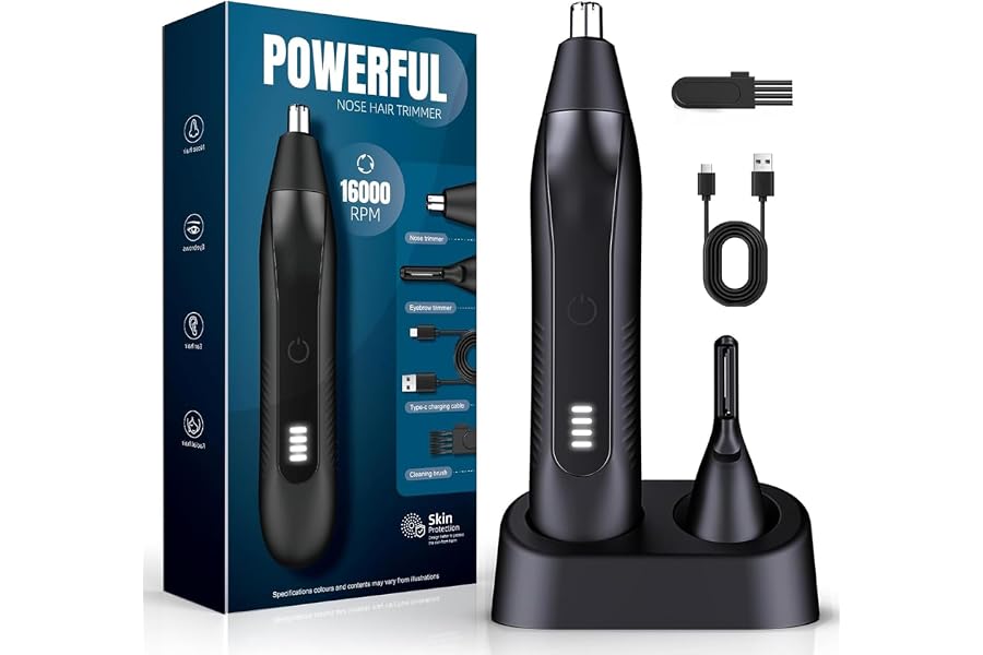 Nose Hair Trimmer for Men, Electric Nose Ear Eyebrow Facial Grooming Kit | 16000RPM Motor, IPX7 Waterproof, LED Power Display, Gifts for Mens Dad Husband, for Birthday Anniversary Christmas, Black