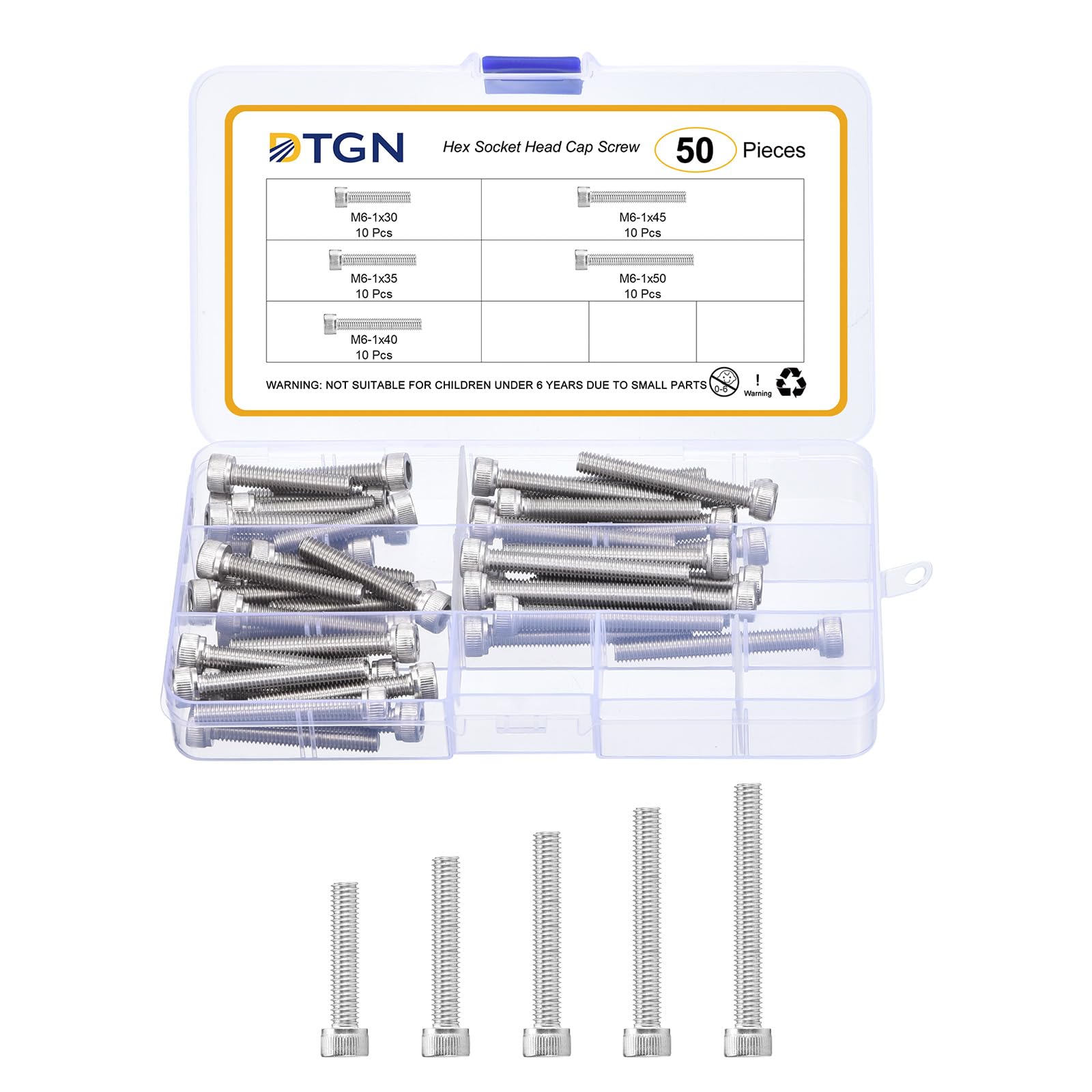 DTGN M6x1x30/35/40/45/50 Hex Socket Head Cap Screws Blots Assortment Kit - 50Pack - Good for Mountain Bike, Auto, Motorcycle - 304 Stainless Steel Machine Screws Bolts - Silver