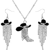 Yuunheg 2 Pcs Cowgirl Jewelry for Women Cowgirl Accessories for Women Sparkly Rhinestone Western Tassel Earrings and Cowboy Boot Necklace Sets for Wild West Theme Party Country Music Festival