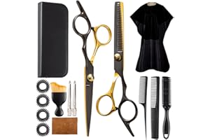 15 pcs Hair Cutting Scissors Professional, Thinning Shears for Hair Cutting, Black Gold Stainless Steel Barber Scissors, Lengnoyp Haircut Scissors Hair Cutting Kit for Women, Men
