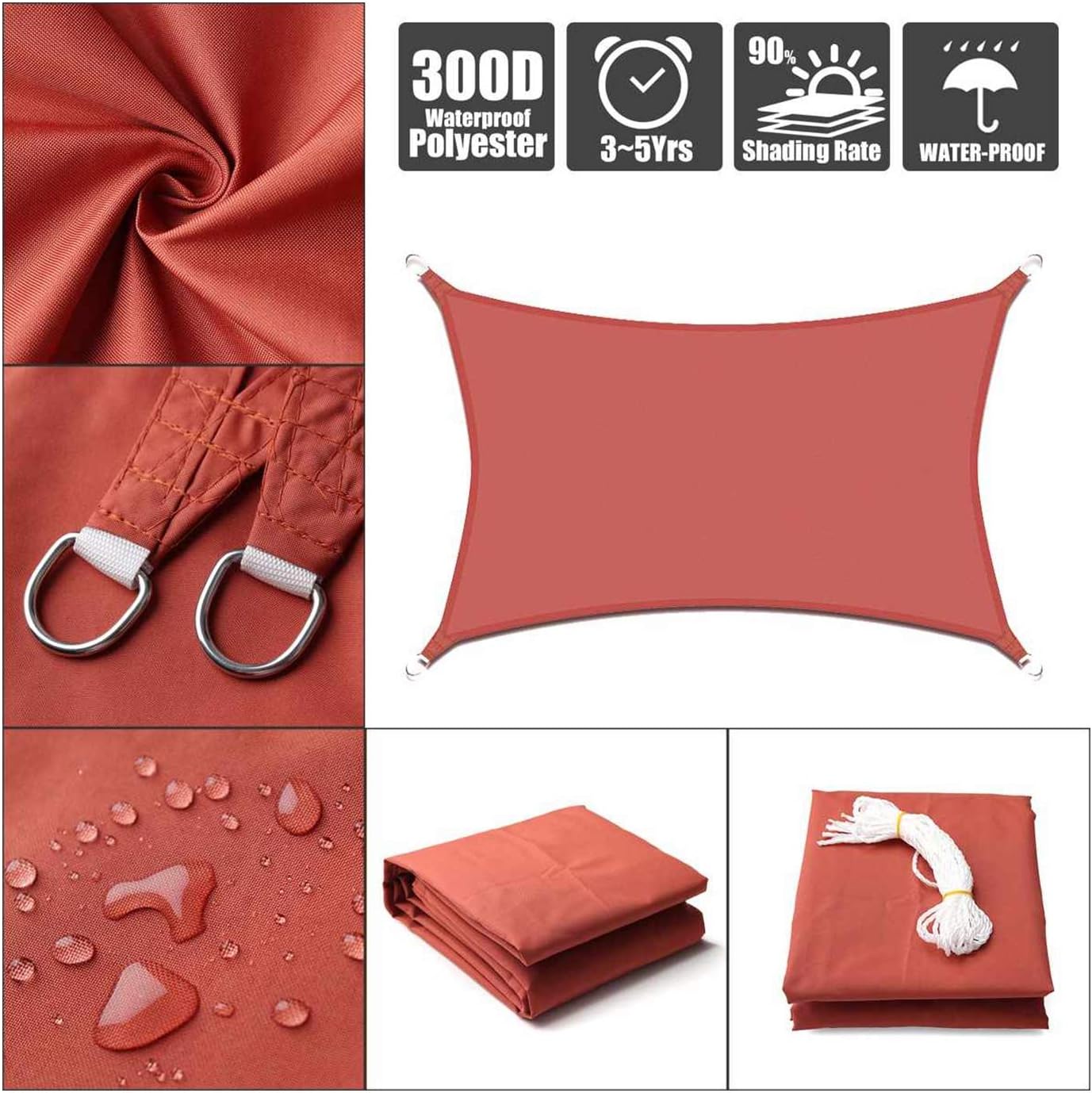 JJHH Sun Shade Sail Waterproof Rectangle/Square for Patio Outdoor Canopy Sunshade Sail Shade Cloth,RustRed,2x2m(6.5x6.5ft)