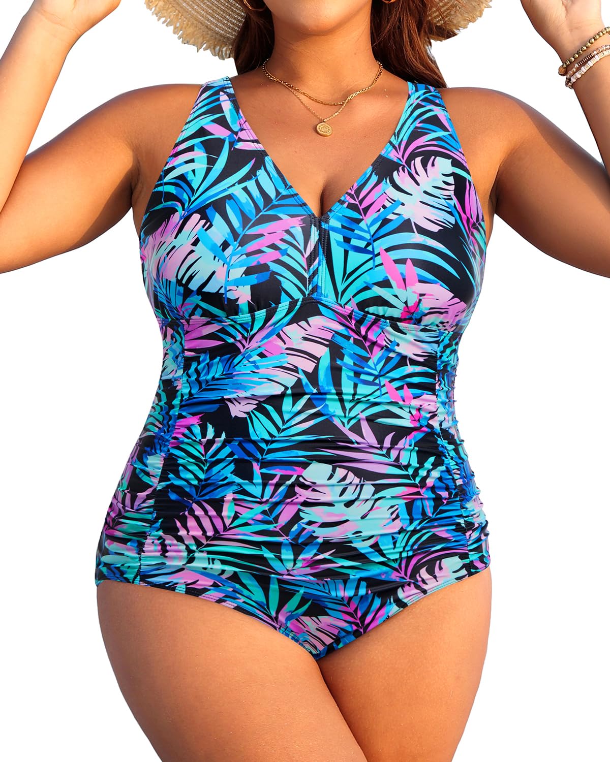 Photo 1 of Aqua Eve Women Plus Size One Piece Swimsuits V Neck Tummy Control Bathing Suits Retro Ruched Swimwear Blue Leaves 18W
