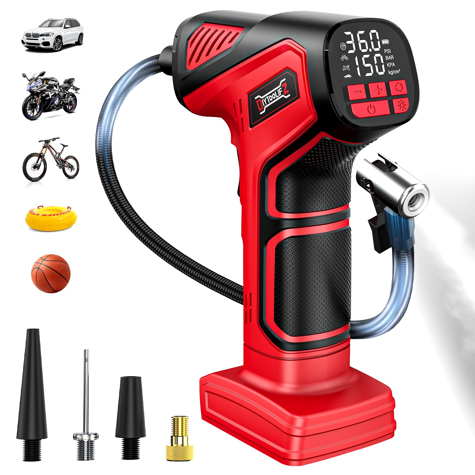 Photo 1 of DIYtoolifz 150PSI Tire Inflator Portable Air Compressor: Cordless Air Pump Compatible with Milwaukee 18V Battery - Car Tire Pump with LCD Display & LED Light for Auto, Motorcycles(Bare Tool)