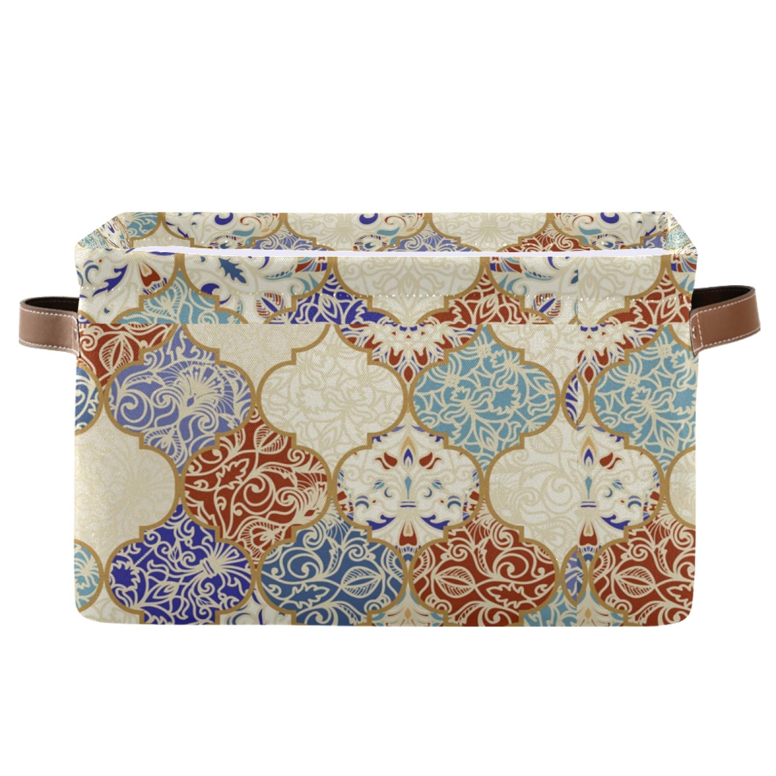Mnsruu Large Foldable Storage Bin, Indian Ethnic Turkish Moroccan Fabric Storage Basket Organizer Bag with Handles 15 x 11 x 9.5 inch