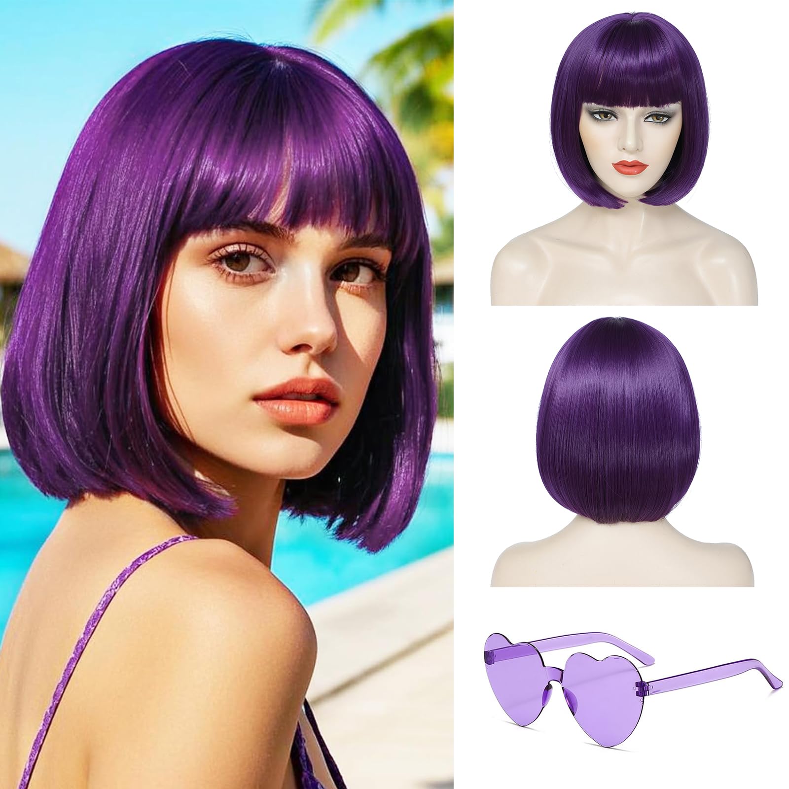 Photo 1 of LUVEUNI Pruple Bob Wig with Bangs Short Pruple Wigs for Women 12 Inch Shoulder Length Straight Colorful Synthetic Fiber Hair Wig for Halloween Costume Use (Wig and Sunglasses)