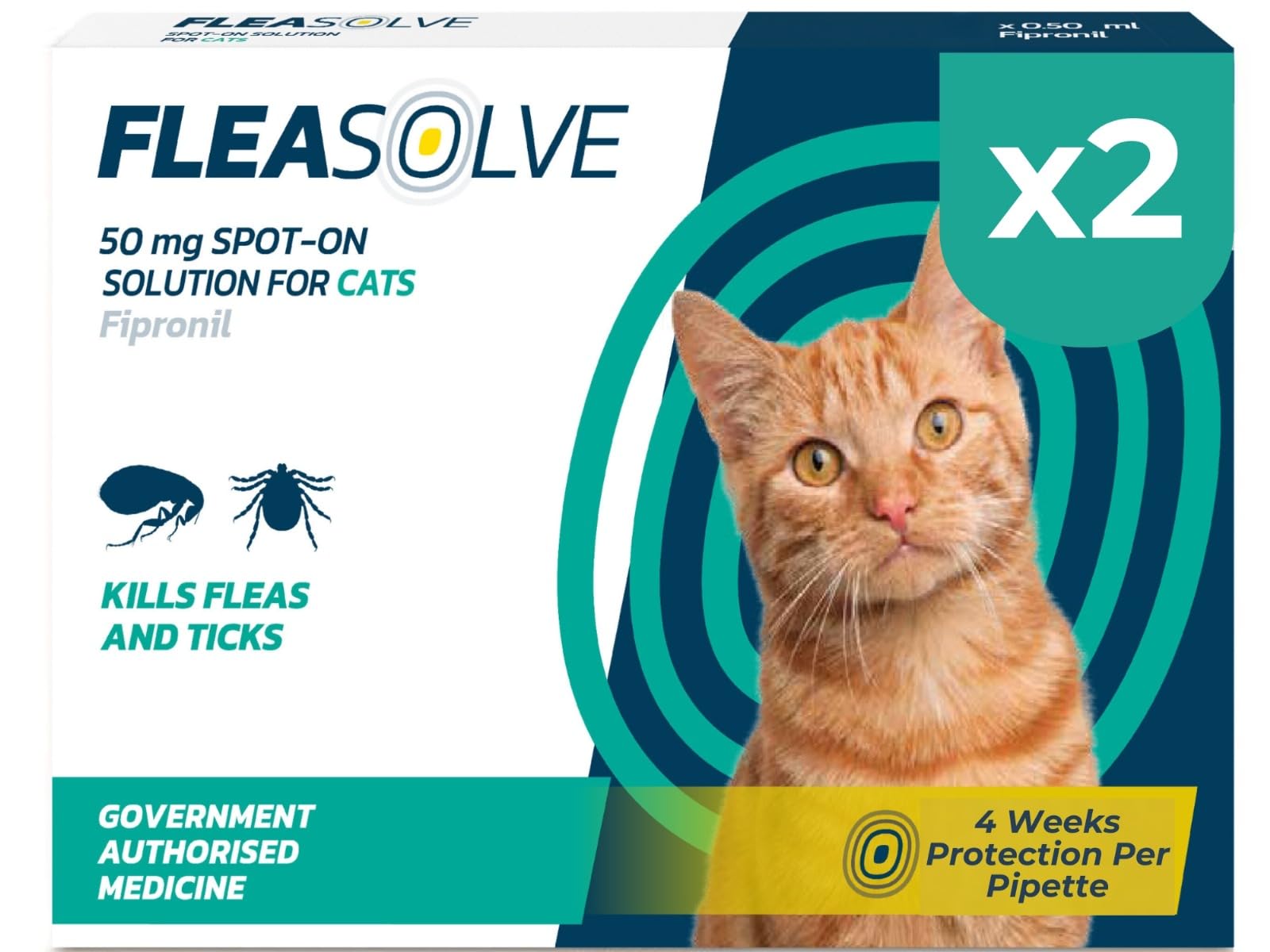 Cat Flea Treatment Spot On x 2 Pack - Flea Treatment Cat Spot On for Cats & Kittens Over 1kg - Fast-Acting FleaSolve Solution x 2 Pipettes
