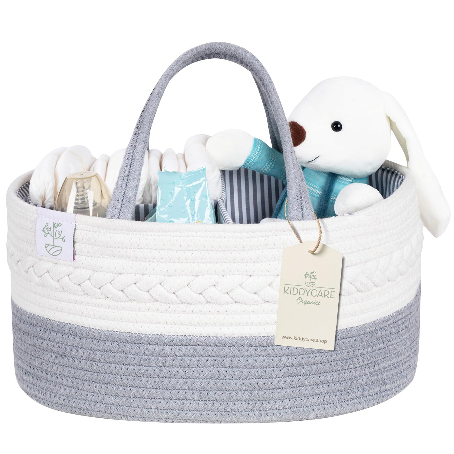 KiddyCare Woven Diaper Nappy Caddy Basket with Handle Lid | Diaper Caddy Basket with Dividers for Baby Boy/Girl, Diaper Tote Bag for Bady Storage for Car | Baby Nursery Canvas Caddy | Gray Regular