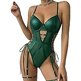 Avidlove Sexy Lingerie for Women Leather Teddy Lingerie Mesh Bodysuit Garter Belt Set S-XXL(No leg ring)