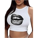 WDIRARA Women's Plus Size Lip Graphic Tank Top Y2K Sleeveless Crew Neck Crop Tops