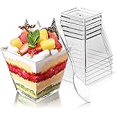 Hiasobre 30 Pack 3.5 oz Plastic Dessert Cups with Spoons, Mini Square Parfait Appetizer Cups, Reusable Small Shooter Cup, Clear Serving Bowls for Tasting Party Samples Dessert Shot Glasses