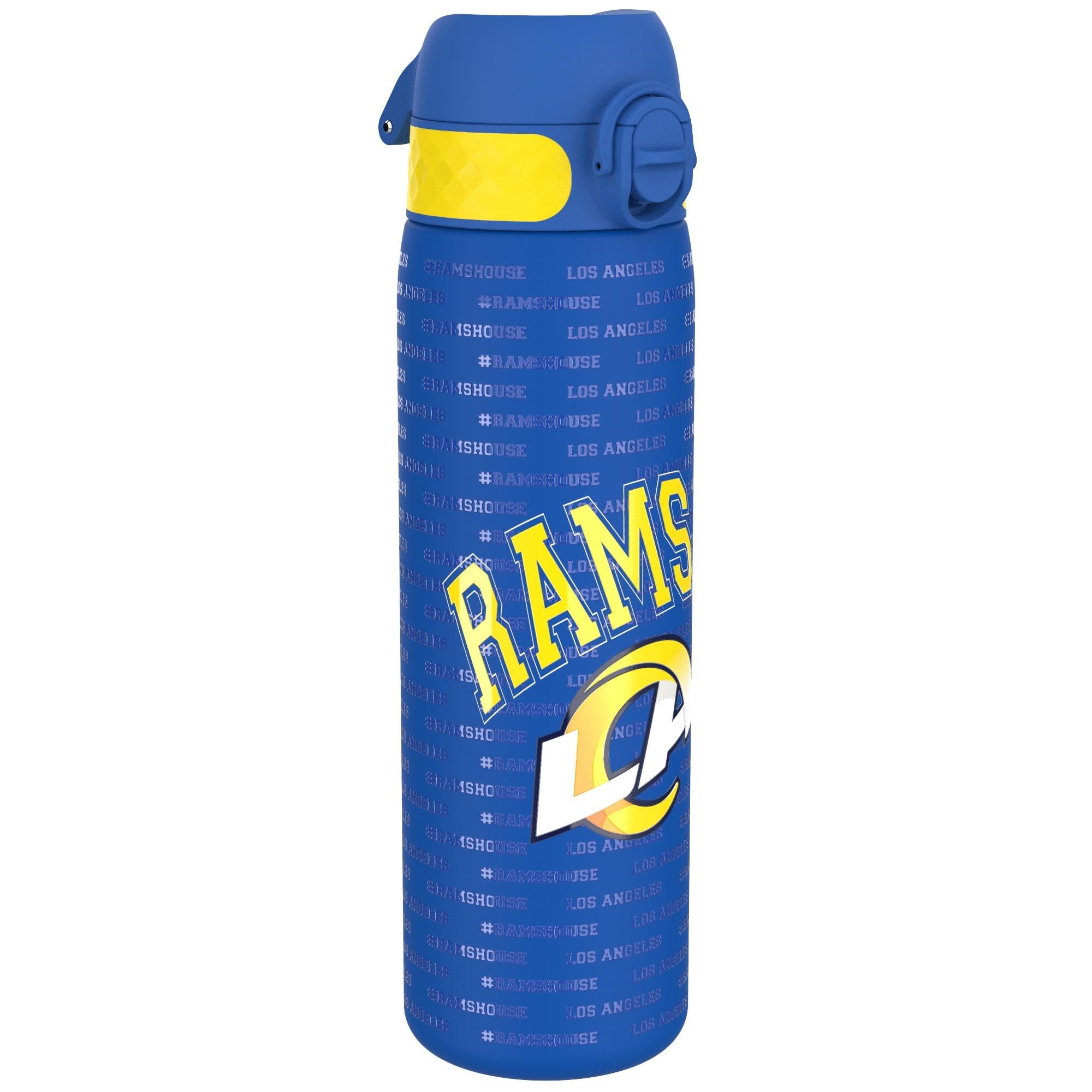 Ion8 NFL Los Angeles Rams Lightweight Steel Water Bottle, 600 ml/20 oz, Non-Insulated, Leak Proof, Easy to Open, Secure Lock, Dishwasher Safe, Flip Cover, Fits Cup Holders, Metal Water Bottle
